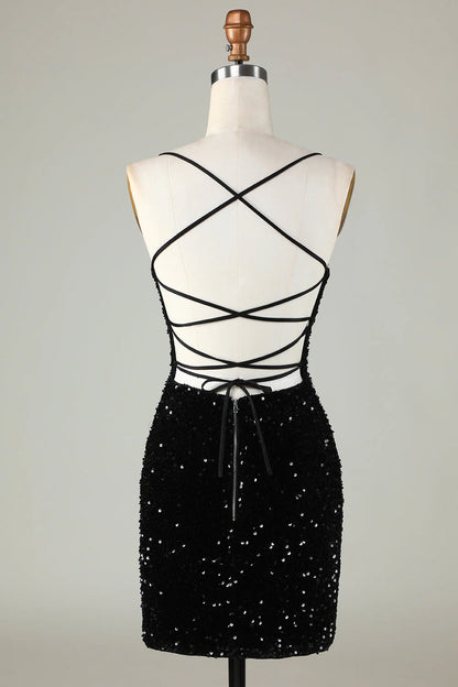 Spaghetti Straps Black Sequin Bodycon Homecoming Dress With Criss Cross Back