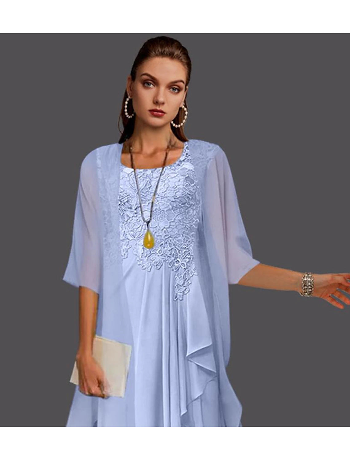 Two Piece A-Line Mother of the Bride Dress Wedding Guest Elegant Scoop Neck Knee Length Chiffon Lace Sleeveless Jacket Dresses with Pleats Appliques