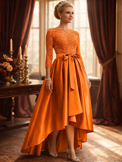 A-Line Asymmetrical Party Dress Cocktail Dress Wedding Guest Dress Mother of the Bride Dress 3/4 Length Sleeve Jewel Neck Elegant Plus Size High Low Wedding Guest Satin Lace with Sash / Ribbon