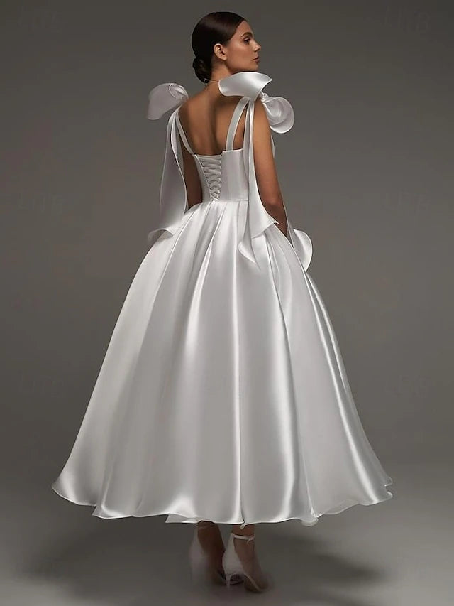 A-Line Cocktail Dresses Elegant Formal Wedding Ankle Length Sleeveless Spaghetti StrapDress Satin with Bow(s)