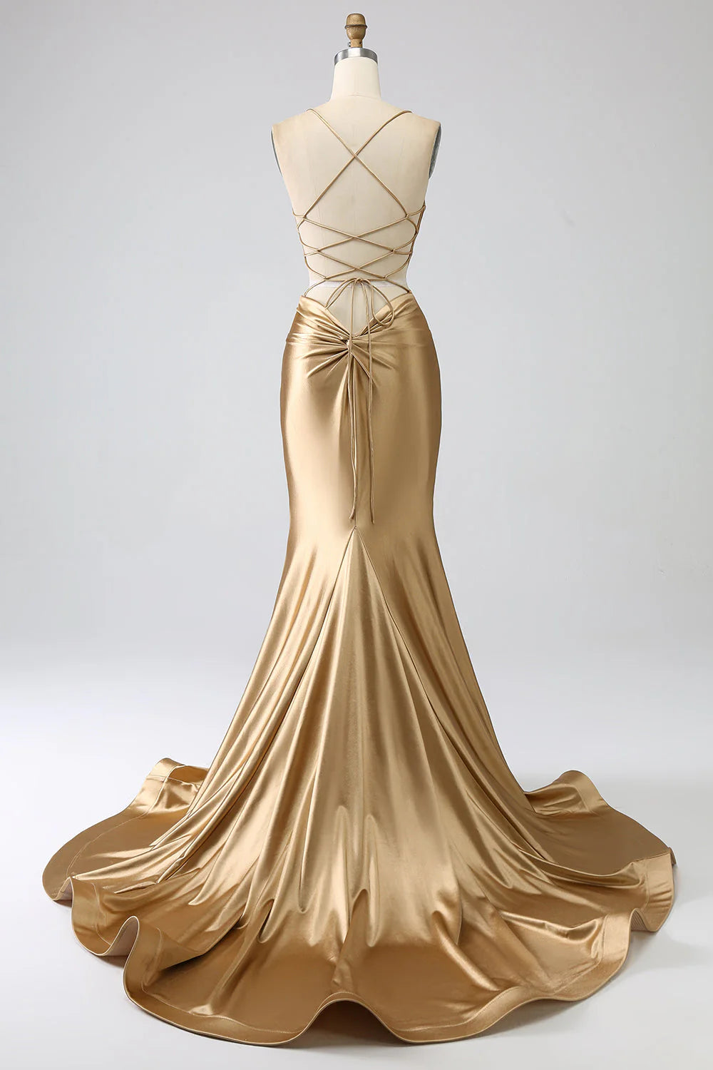 Golden Mermaid Spaghetti Straps Satin Long Prom Dress