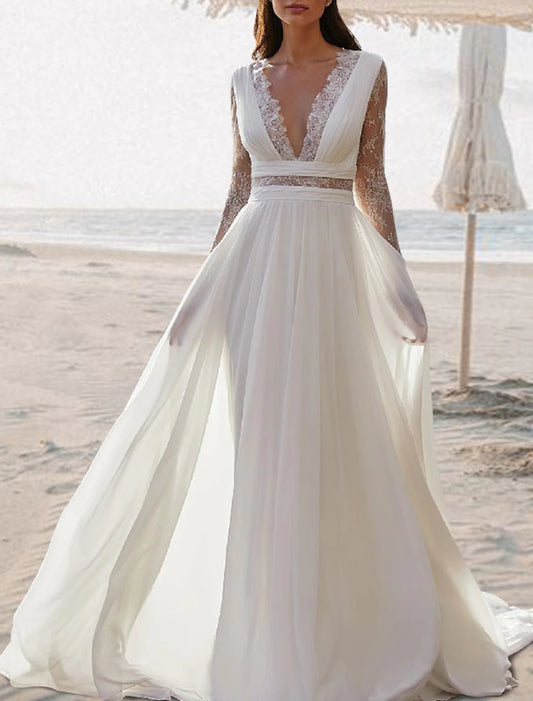 Beach Open Back Boho Wedding Dresses A-Line V Neck Sleeveless Floor Length Chiffon Bridal Gowns With Pleats