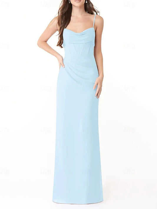 Sheath / Column Bridesmaid Dress Spaghetti Strap Sleeveless Elegant Floor Length Chiffon with Pleats / Split Front / Ruching