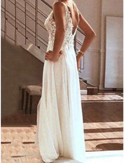 Beach Wedding Dresses A-Line V Neck Sleeveless Floor Length Chiffon Bridal Gowns With Appliques Split Front