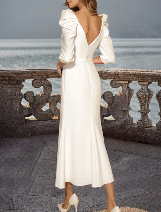 Bridal Shower Vintage Little White Dresses Wedding Dresses Sheath / Column Square Half Sleeve Tea Length Satin Bridal Gowns With Solid Color