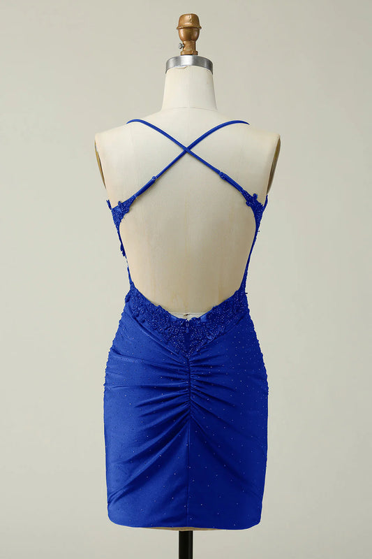 Sheath Spaghetti Straps Royal Blue Appliques Short Homecoming Dress