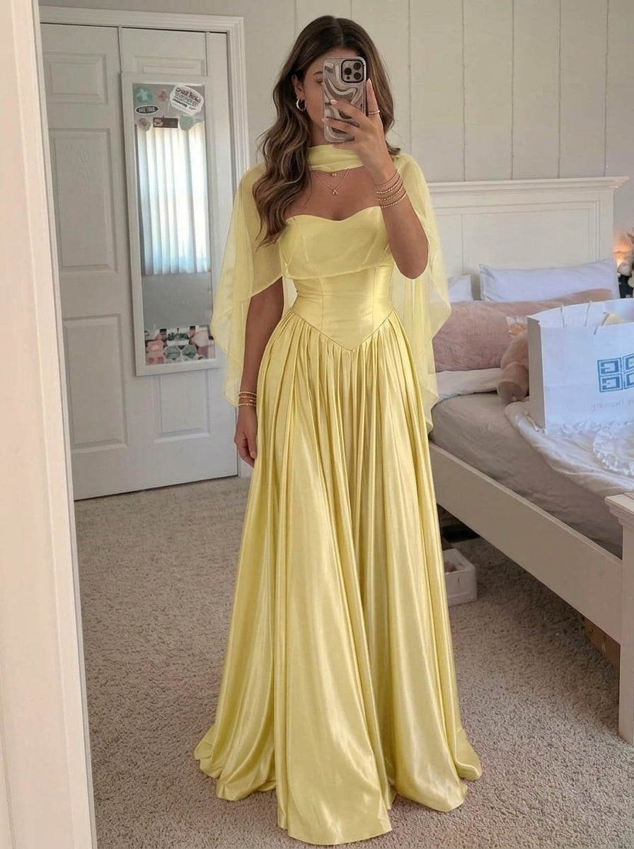 A-Line/Princess Strapless Silk Satin Prom Dresses With Cape Floor-Length Sleeveless Pleated Formal Dresses