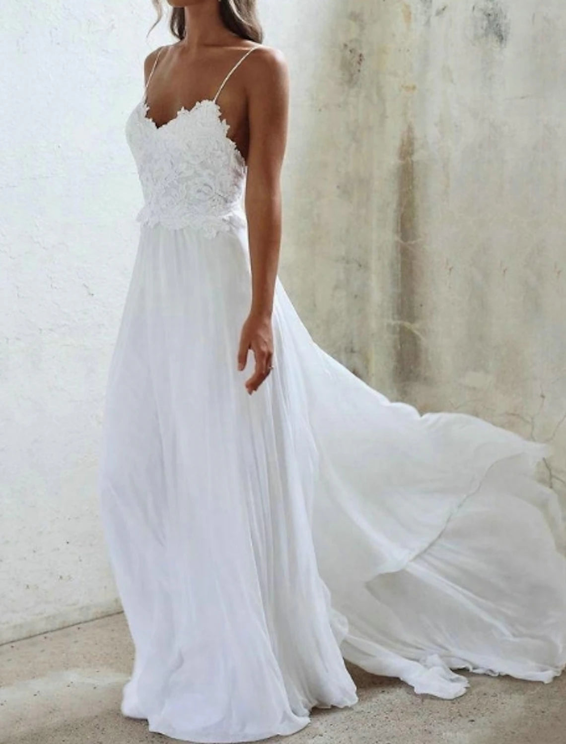 Beach Sexy Boho Simple Wedding Dress A-Line Sweetheart Camisole Spaghetti Strap Sweep / Brush Train Chiffon Bridal Gowns With Pleats Appliques dress