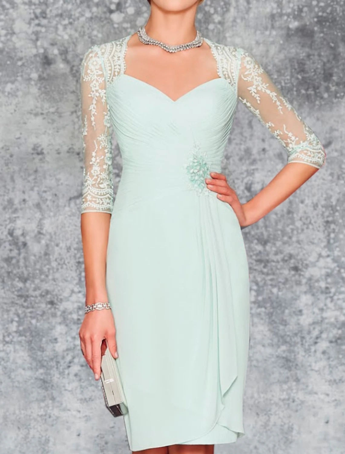 Beach Wedding Two Piece Sheath Mother of the Bride Dress Wedding Guest Elegant Plus Size Sweetheart Knee Length Chiffon Lace 3/4 Length Sleeve Wrap Included Jacket Dresses with Pleats Embroidery