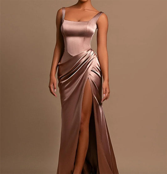 Sheath/Column Wide Shoulder Straps Square Neckline Floor-Length Long Formal Evening Dresses With Split Side