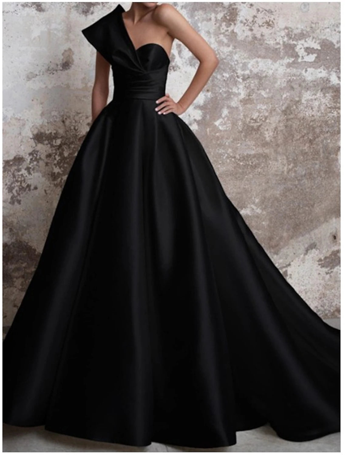 A-Line Evening Gown Party Black Dress Plus Size Party Wear Church Court Train Sleeveless One Shoulder Italy Satin Backless with Ruched dress