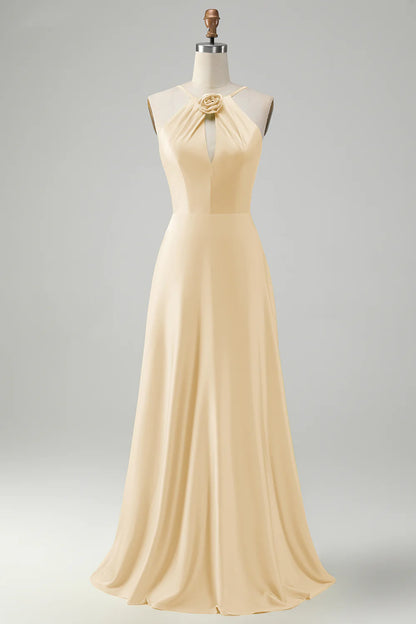 Yellow A Line Halter Cut Out Long Bridesmaid Dress With Flower