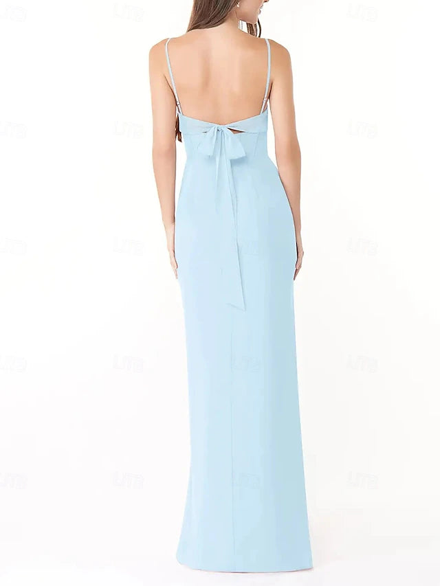 Sheath / Column Bridesmaid Dress Spaghetti Strap Sleeveless Elegant Floor Length Chiffon with Pleats / Split Front / Ruching