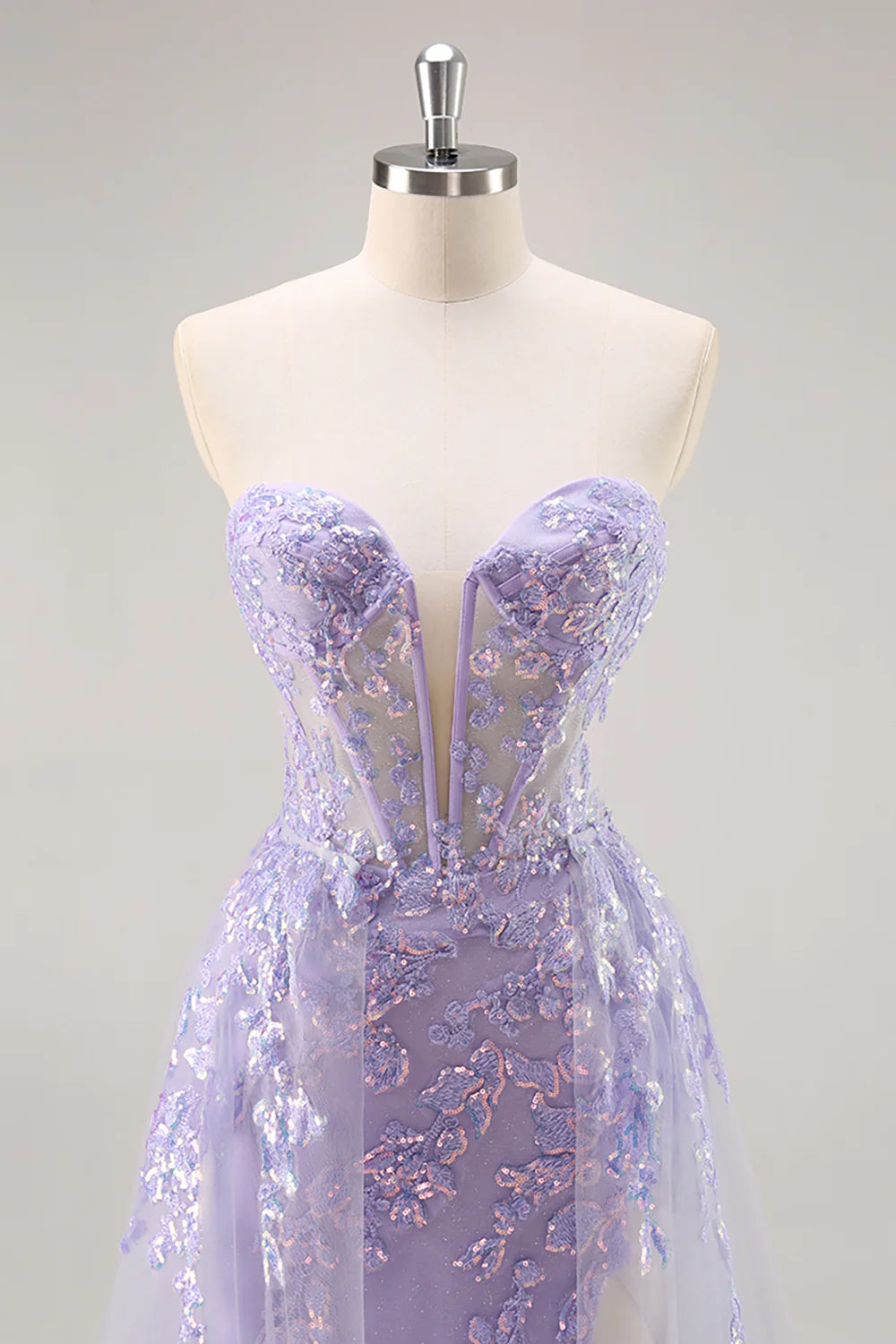 Sparkly Lilac Tulle Strapless Corset Long Prom Dress with Appliques