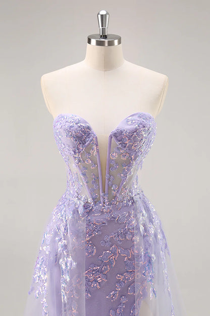 Sparkly Lilac Tulle Strapless Corset Long Prom Dress with Appliques