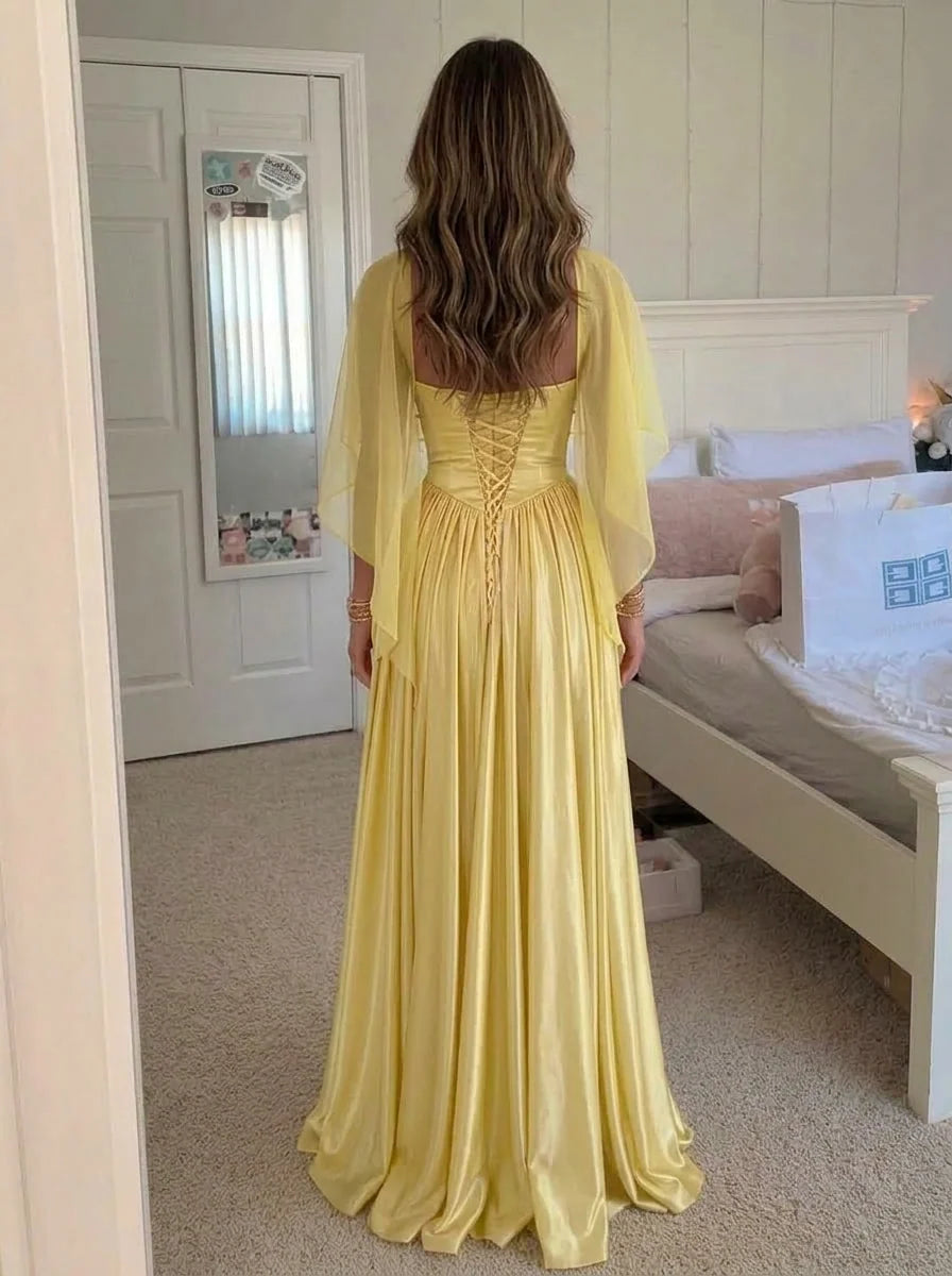 A-Line/Princess Strapless Silk Satin Prom Dresses With Cape Floor-Length Sleeveless Pleated Formal Dresses