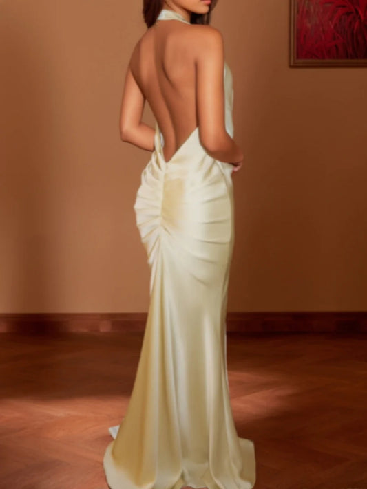 Trumpet/Mermaid Halter Prom Dresses Ruched Deep V-Neck Floor-Length Backless