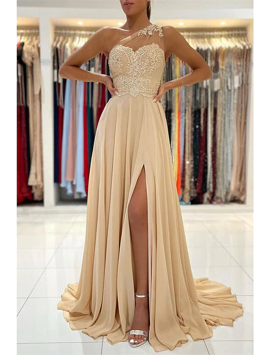 A-Line Gold Prom Dresses Sexy Dress Formal Wedding Guest Court Train Sleeveless One Shoulder Chiffon with Slit Appliques Masquerade Dress