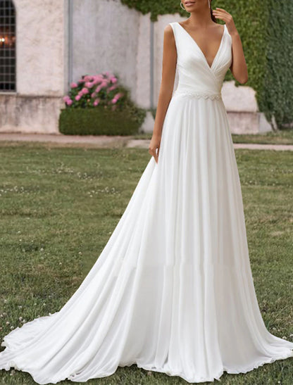 Hall Casual Wedding Dresses A-Line V Neck Sleeveless Sweep / Brush Train Chiffon Bridal Gowns With Pleats Pearls