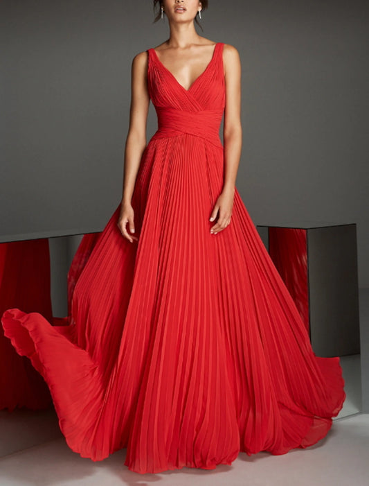 A-Line Empire Red Green Dress Formal Evening Dress V Neck Sleeveless Floor Length Chiffon with Pleats dress