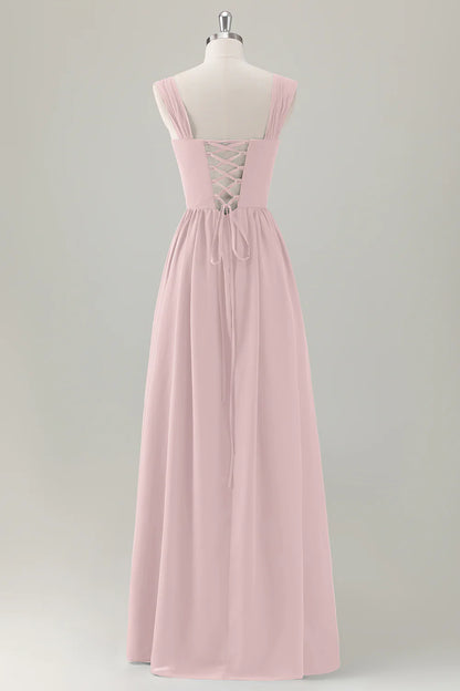 Champagne A-Line Square Neck Corset Long Bridesmaid Dress with Lace Up Back