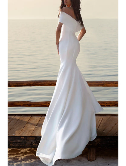 Beach Simple Wedding Dresses Mermaid / Trumpet Off Shoulder Cap Sleeve Court Train Satin Bridal Gowns With Ruched dress