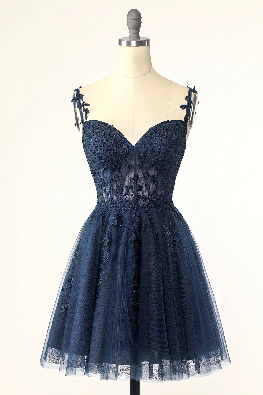 Navy Spaghetti Straps Short Homecoming Dress with Appliques