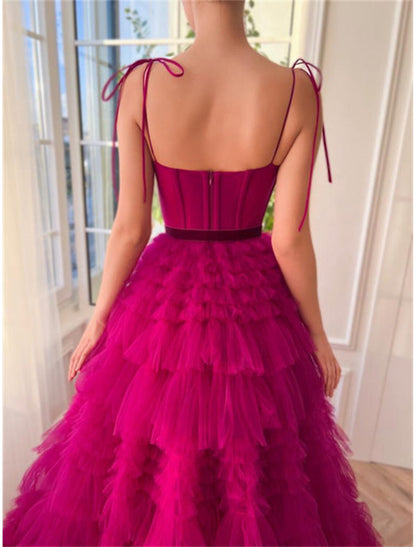 Ball Gown Evening Gown Puffy Dress Wedding Party Birthday Floor Length Sleeveless Spaghetti Strap Tulle with Ruffles Strappy dress