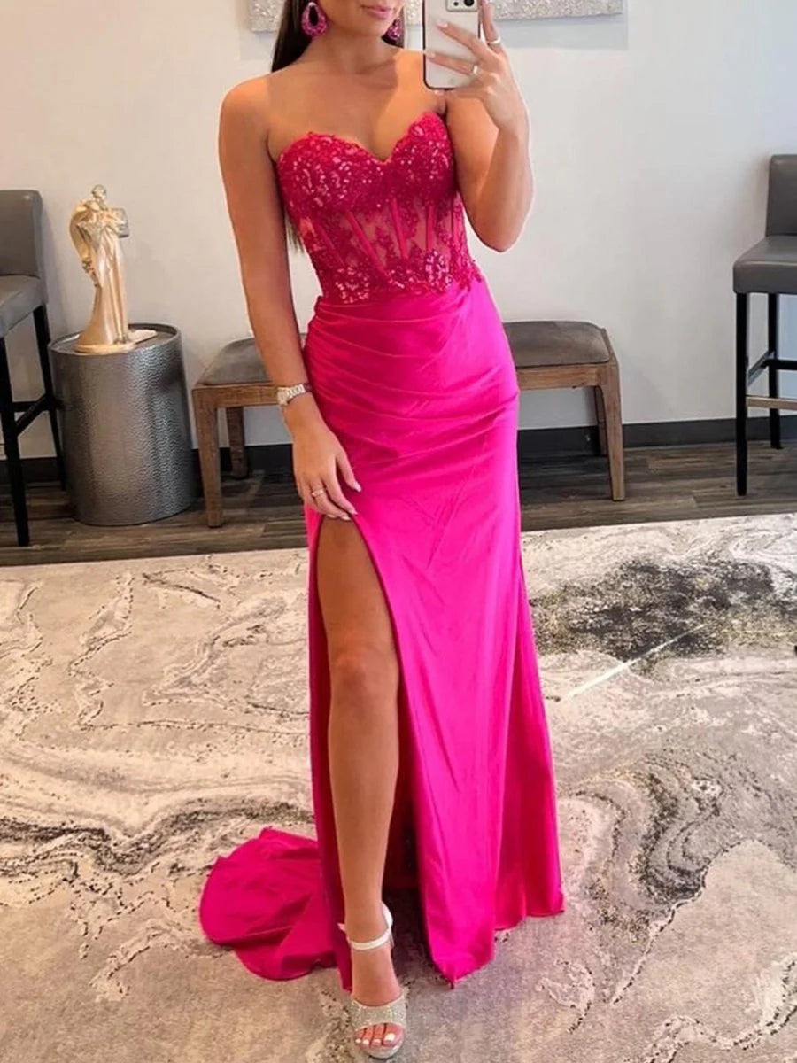 Strapless Sequin Prom Dress with High Slit & Train