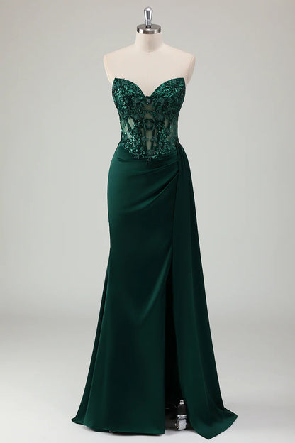 Sparkly Dark Green Sheath Corset Long Lace Prom Dress with Slit