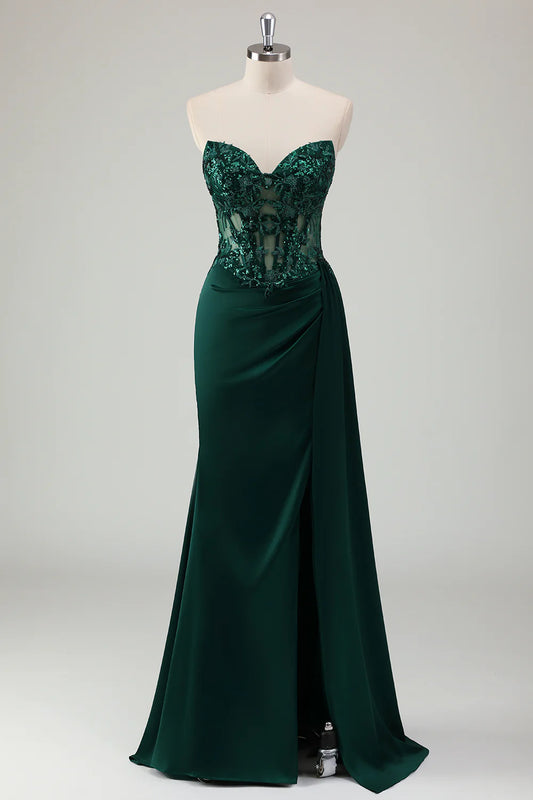 Sparkly Dark Green Sheath Corset Long Lace Prom Dress with Slit