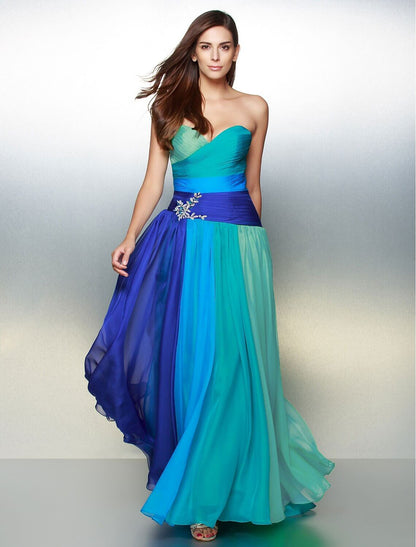 A-Line Elegant Dress Wedding Guest Prom Floor Length Sleeveless Sweetheart Chiffon Backless with Ruched Crystals