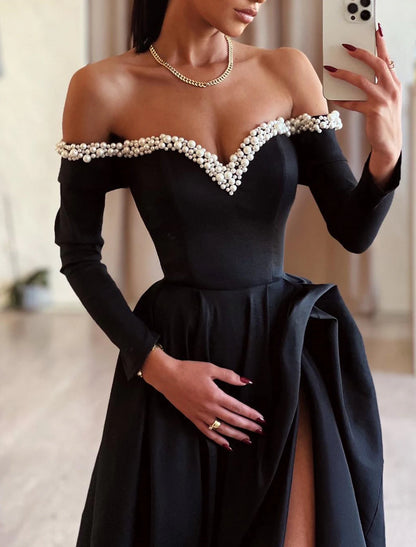 A-Line Evening Gown Black Dress Dress Formal Masquerade Sweep / Brush Train Long Sleeve Off Shoulder Satin with Pearls Slit dress