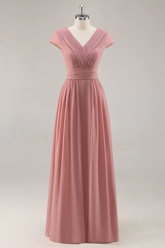 Dusty Rose Short Sleeves Chiffon Long Bridesmaid Dress