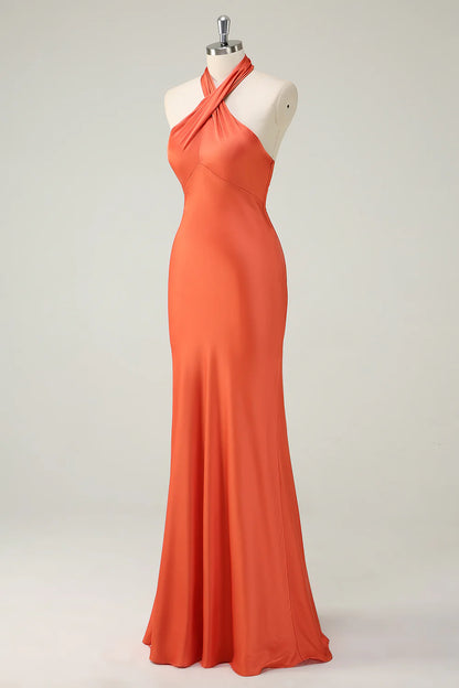 Orange Mermaid Halter Satin Long Bridesmaid Dress