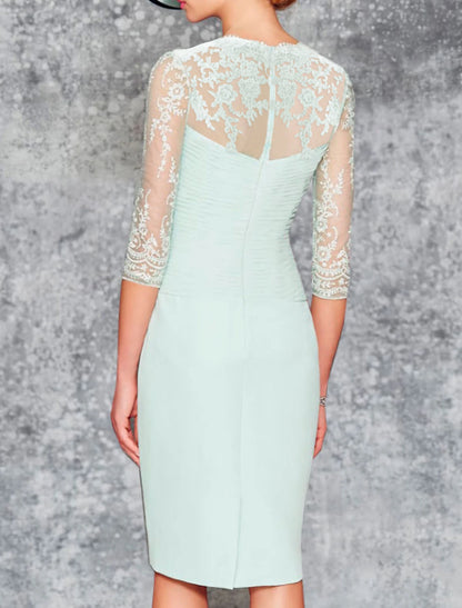 Beach Wedding Two Piece Sheath Mother of the Bride Dress Wedding Guest Elegant Plus Size Sweetheart Knee Length Chiffon Lace 3/4 Length Sleeve Wrap Included Jacket Dresses with Pleats Embroidery