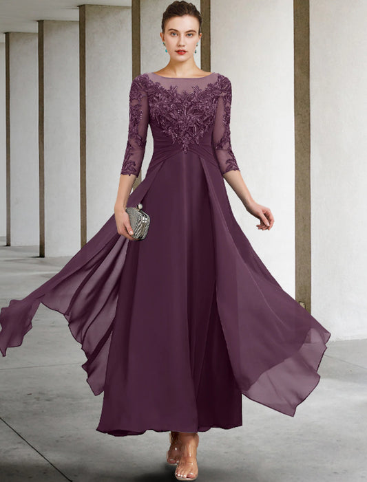 A-Line Mother of the Bride Dress Wedding Guest Elegant Plus Size Jewel Neck Ankle Length Chiffon Lace 3/4 Length Sleeve with Ruched Sequin Appliques dress