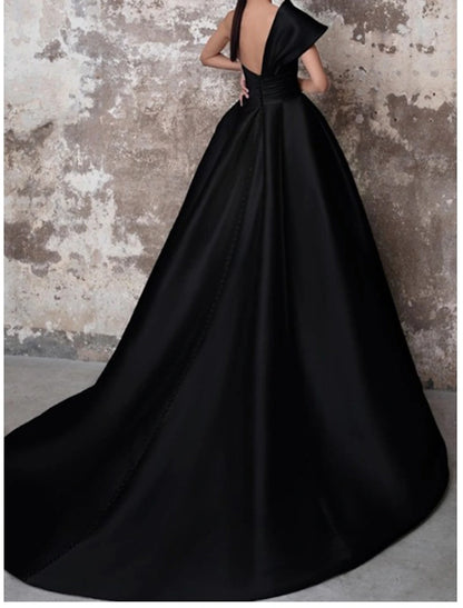 A-Line Evening Gown Party Black Dress Plus Size Party Wear Church Court Train Sleeveless One Shoulder Italy Satin Backless with Ruched dress