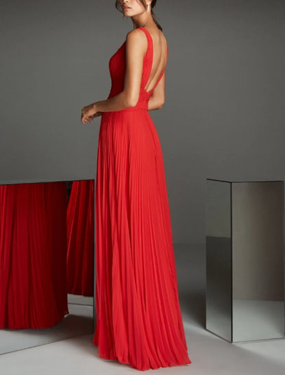 A-Line Empire Red Green Dress Formal Evening Dress V Neck Sleeveless Floor Length Chiffon with Pleats dress