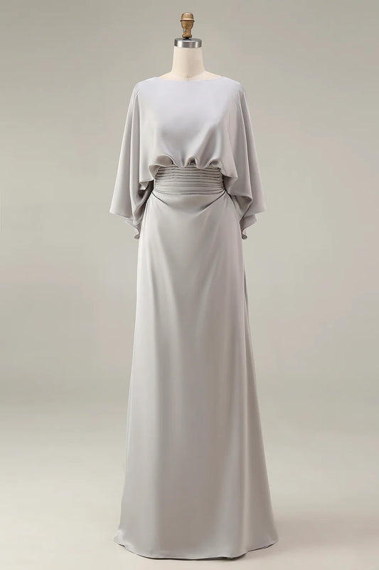 Silver Mermaid Boat Neck Long Mother of the Bride Dress with Pockets