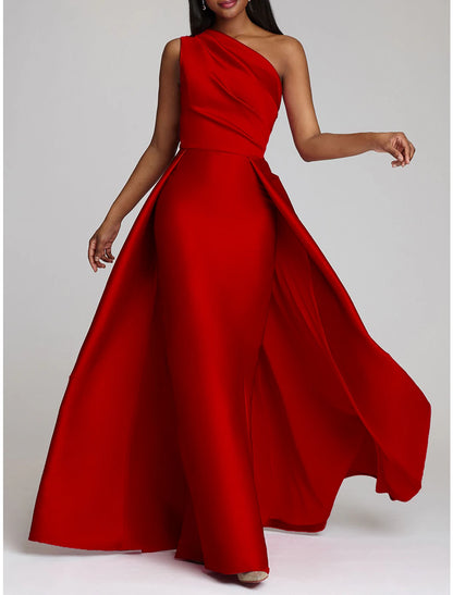 Sheath Red Green Dress Evening Gown Hot Pink Dress Wedding Guest Floor Length Sleeveless One Shoulder Satin with Overskirt Pure Color dress