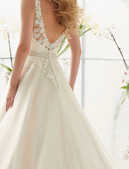 Engagement Open Back Sexy Formal Wedding Dresses A-Line V Neck Sleeveless Court Train Lace Bridal Gowns