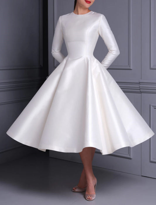 Bridal Shower Vintage 1940s / 1950s Little White Dresses Wedding Dresses A-Line Scoop Neck Long Sleeve Tea Length Satin Bridal Gowns With Solid Color