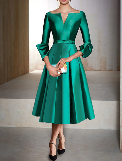 A-Line Cocktail Dresses Elegant Dress Formal Wedding Guest Tea Length 3/4 Length Sleeve V Neck Satin with Pleats Christmas Dress