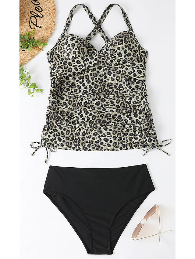 Women's Normal Swimwear Tankini 2 Piece Shorts Swimsuit Halter 2 Piece Printing Beach Wear Summer Leopard Sleeveless Bathing Suits