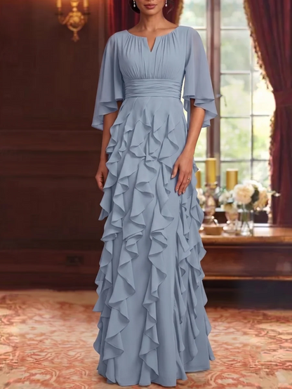 A-Line/Princess Scoop Chiffon Mother of the Bride Dresses Floor-Length Ruffles 3/4 Sleeves