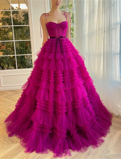 Ball Gown Evening Gown Puffy Dress Wedding Party Birthday Floor Length Sleeveless Spaghetti Strap Tulle with Ruffles Strappy dress