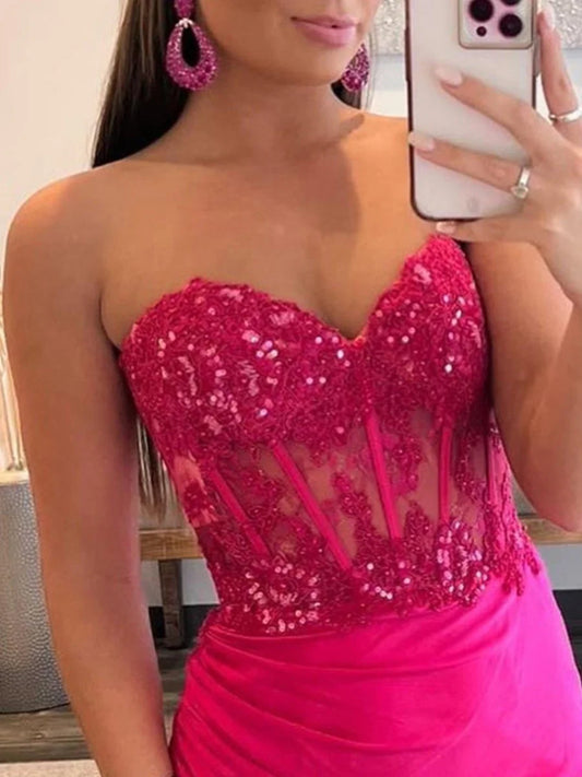 Strapless Sequin Prom Dress with High Slit & Train