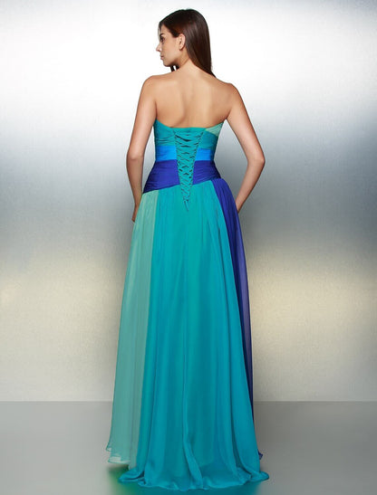 A-Line Elegant Dress Wedding Guest Prom Floor Length Sleeveless Sweetheart Chiffon Backless with Ruched Crystals
