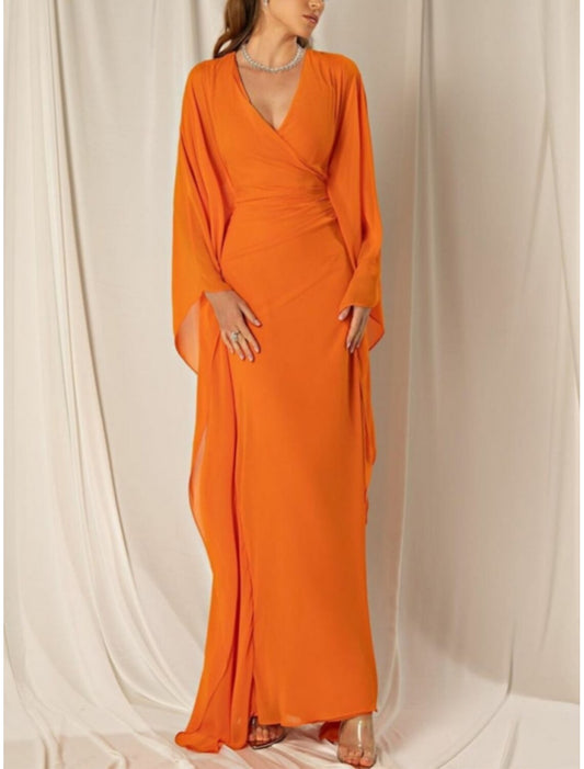 Sheath / Column Summer Wedding Guest Elegant Dress Formal Fall Ankle Length Long Sleeve V Neck Chiffon with Ruched Ruffles dress